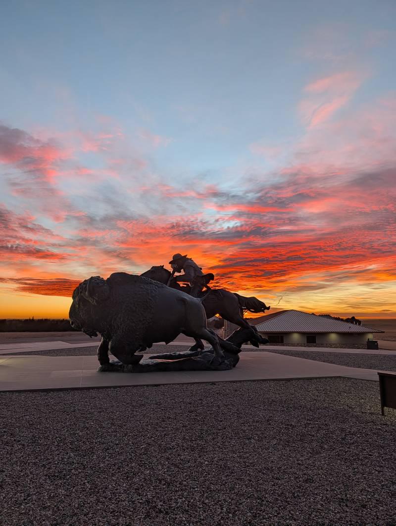 Buffalo Bill statue at sunset in Oakley, Kansas